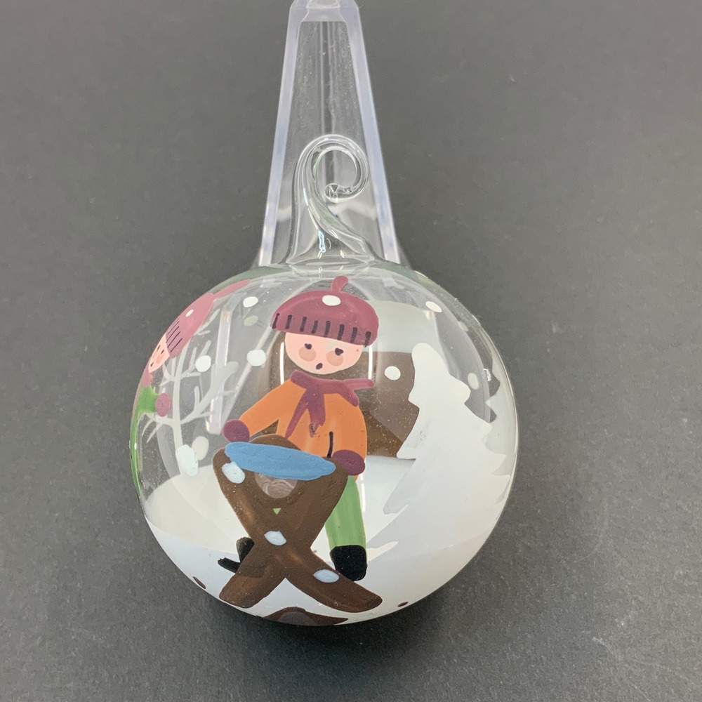 Vintage Hand Painted Glass Ball Ornament Winter Scene Children House 1.9 Inch